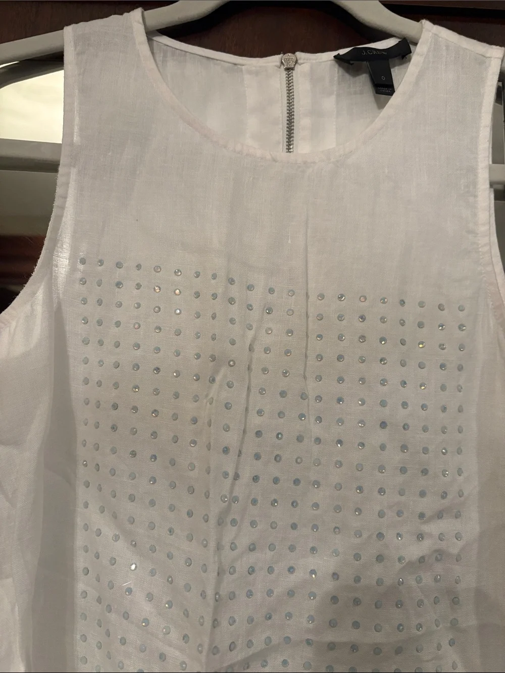 J Crew Sleeveless White Embellished Linen Top